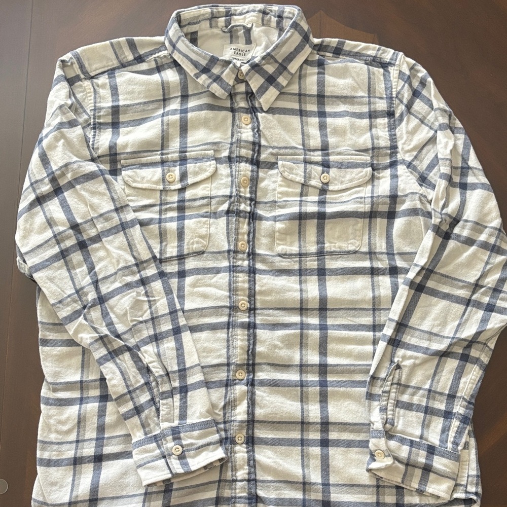American Eagle Outfitters Men’s Cream & Blue Plaid Button-Down Shirt